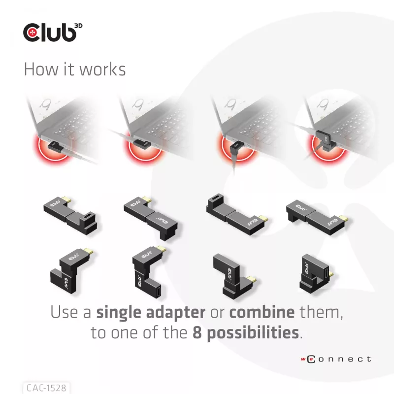 Set di adattatori USB Type-C Gen2 ad angolo, 2 pezzi CLUB3D CAC-1528 — USB-C a USB-C, supporta 4K@120Hz
