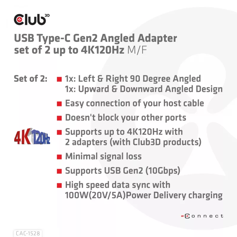 Set di adattatori USB Type-C Gen2 ad angolo, 2 pezzi CLUB3D CAC-1528 — USB-C a USB-C, supporta 4K@120Hz