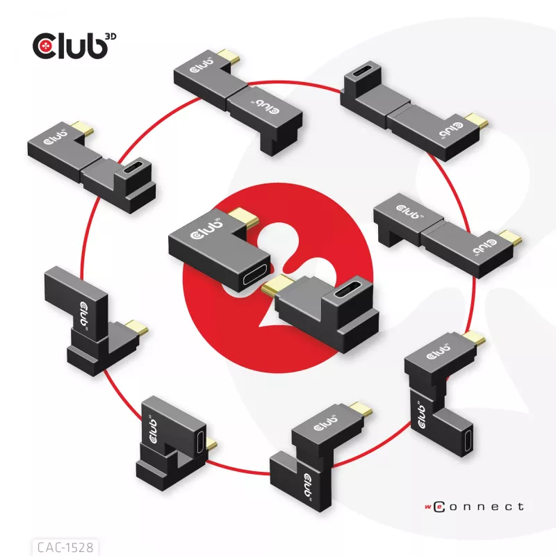 Set di adattatori USB Type-C Gen2 ad angolo, 2 pezzi CLUB3D CAC-1528 — USB-C a USB-C, supporta 4K@120Hz