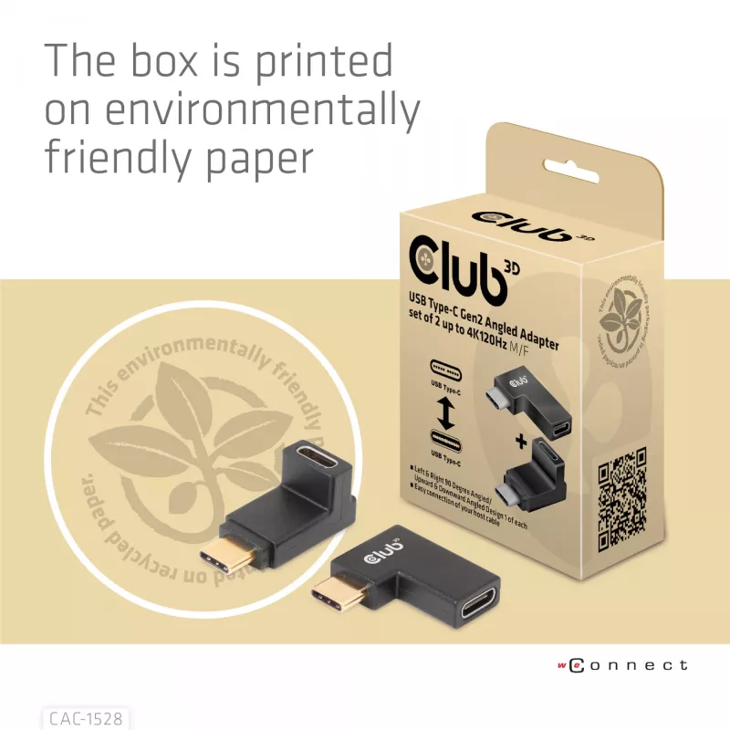 Set di adattatori USB Type-C Gen2 ad angolo, 2 pezzi CLUB3D CAC-1528 — USB-C a USB-C, supporta 4K@120Hz
