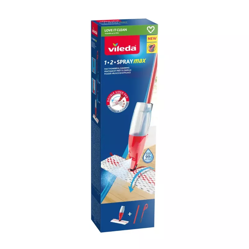Lavapavimenti VILEDA Spray Max microfibra asciutto e bagnato — testa in plastica, serbatoio 0,6 l, antibatterico, bianco/rosso