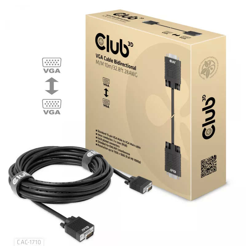 Club 3D CAC-1710 cavo VGA HD-15 maschio/maschio, bidirezionale, 10 m, 1080p, nero