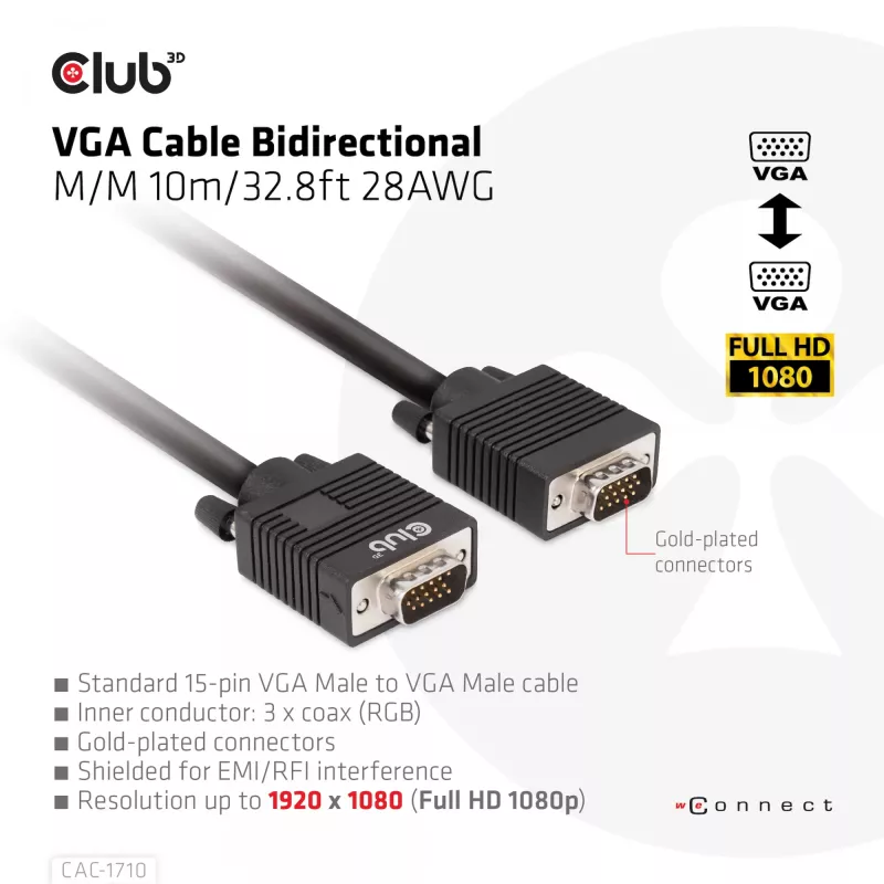 Club 3D CAC-1710 cavo VGA HD-15 maschio/maschio, bidirezionale, 10 m, 1080p, nero