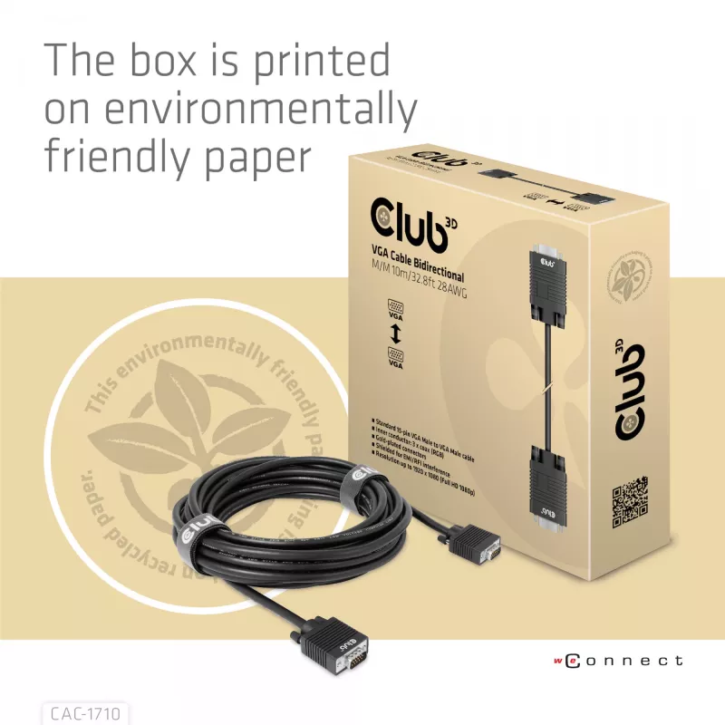 Club 3D CAC-1710 cavo VGA HD-15 maschio/maschio, bidirezionale, 10 m, 1080p, nero