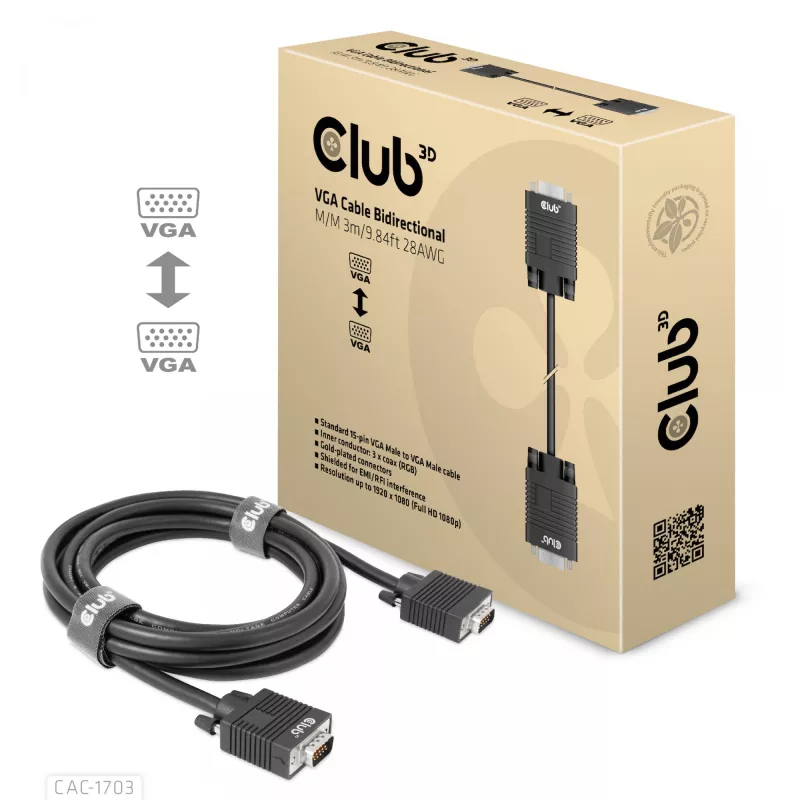 Cavo VGA, bidirezionale, M/M, 3 m, 28AWG, CLUB3D CAC-1703
