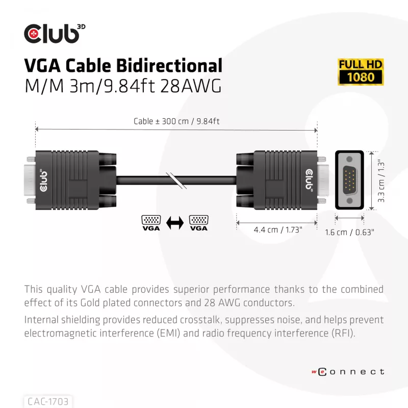 Cavo VGA, bidirezionale, M/M, 3 m, 28AWG, CLUB3D CAC-1703