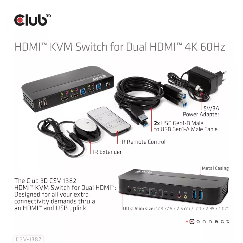 Switch KVM CLUB3D CSV-1382 Dual HDMI 4K 60Hz USB