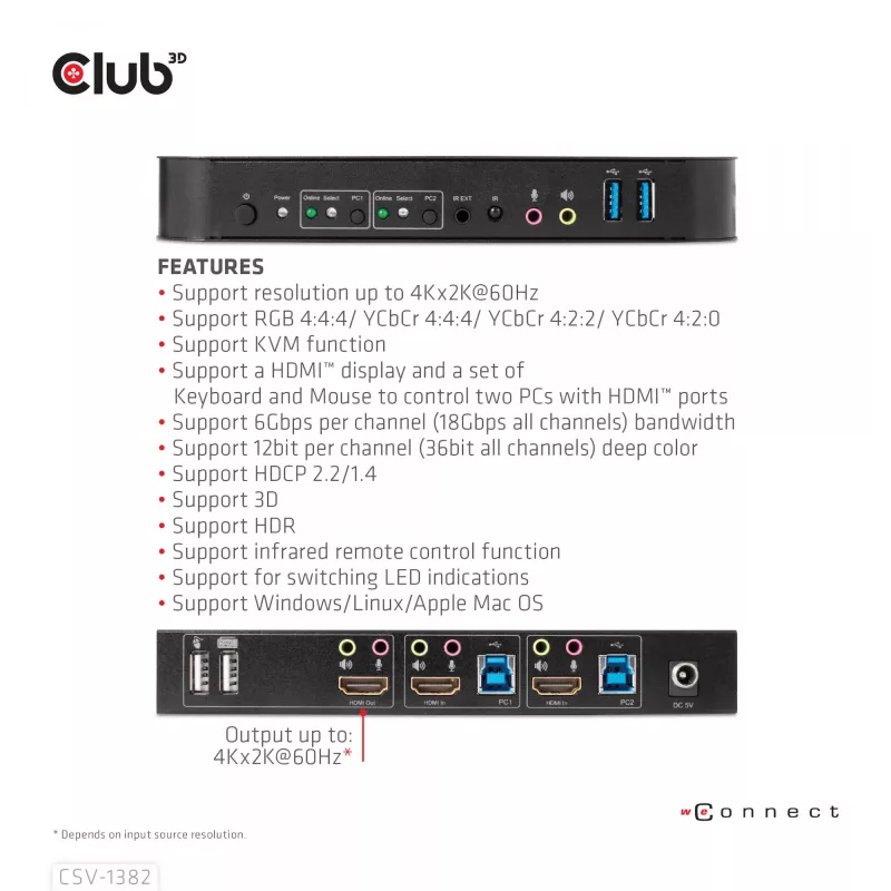 Switch KVM CLUB3D CSV-1382 Dual HDMI 4K 60Hz USB