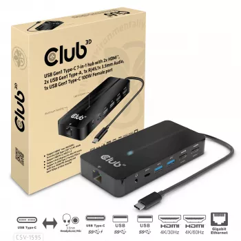 CLUB3D hub Type-C 7-in-1 con 2x HDMI, 2x USB Gen1 Type-A, 1x RJ45, 1x audio 3,5 mm, 1x connettore femmina USB Gen1 Type-C 100W