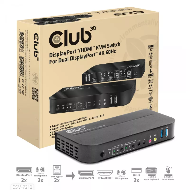 CLUB3D KVM Switch DisplayPort/HDMI per Dual DisplayPort 4K 60Hz