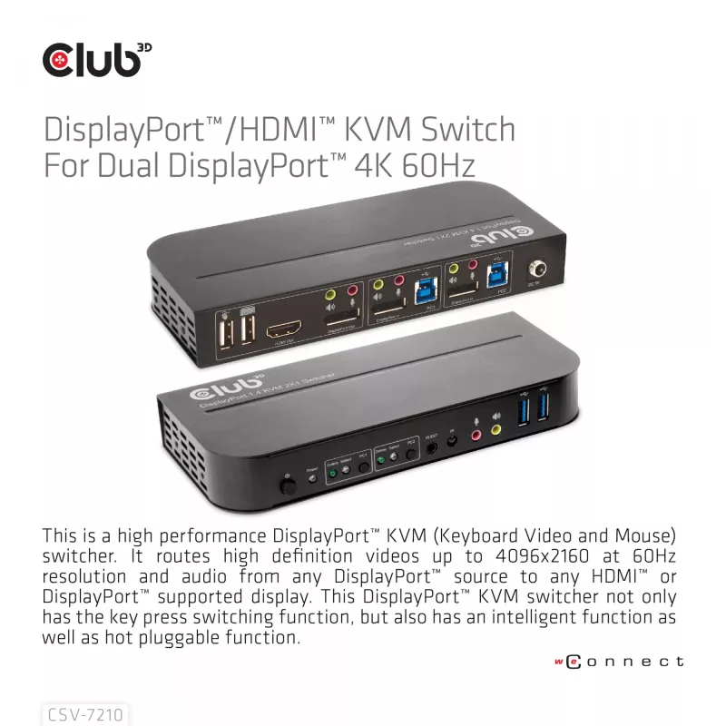 CLUB3D KVM Switch DisplayPort/HDMI per Dual DisplayPort 4K 60Hz