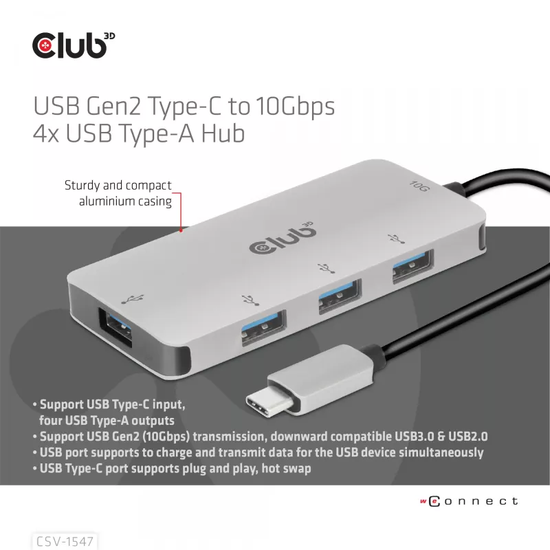 CLUB3D hub USB-A 4 porte per USB-C – trasferimento veloce 10 Gbps