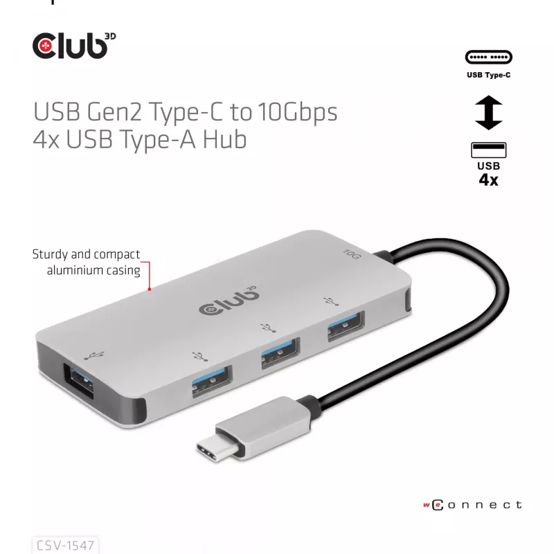 CLUB3D hub USB-A 4 porte per USB-C – trasferimento veloce 10 Gbps