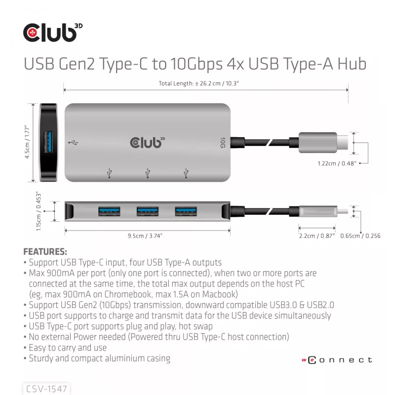CLUB3D hub USB-A 4 porte per USB-C – trasferimento veloce 10 Gbps