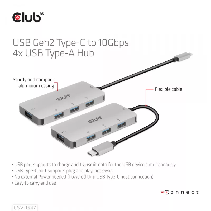 CLUB3D hub USB-A 4 porte per USB-C – trasferimento veloce 10 Gbps