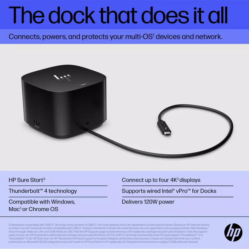 HP Thunderbolt Dock 120W G4, cablato, Thunderbolt 4, nero, Kensington, Cina, Thailandia, Taiwan, business