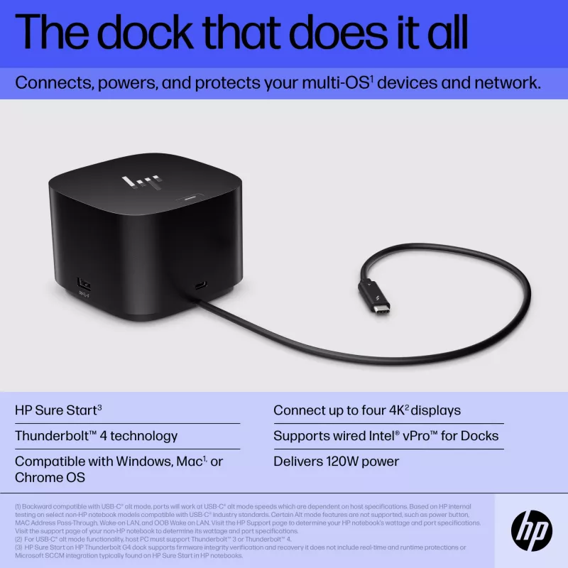 HP Thunderbolt Dock 120W G4, cablato, Thunderbolt 4, nero, Kensington, Cina, Thailandia, Taiwan, business