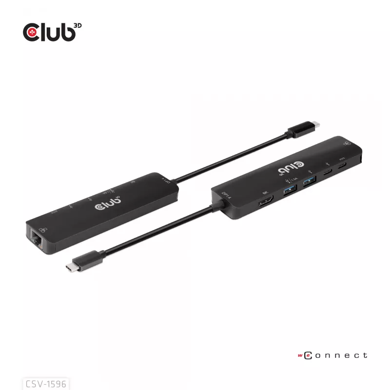CLUB3D USB Gen1 Type-C, hub 6-in-1 con HDMI 8K30Hz, 2xUSB Type-A, RJ45 e 2xUSB Type-C, dati e ricarica PD 100 Watt