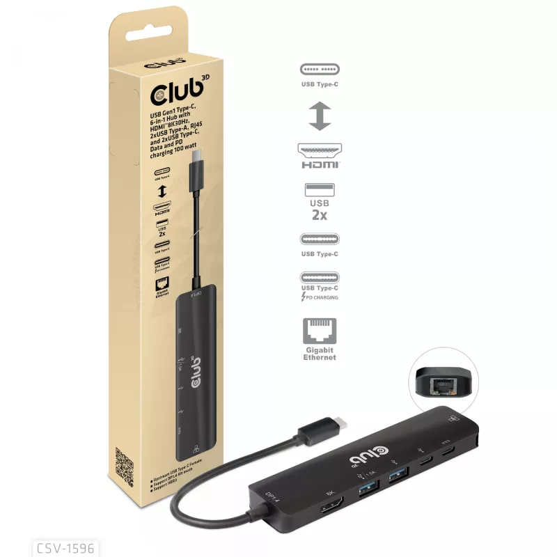 CLUB3D USB Gen1 Type-C, hub 6-in-1 con HDMI 8K30Hz, 2xUSB Type-A, RJ45 e 2xUSB Type-C, dati e ricarica PD 100 Watt