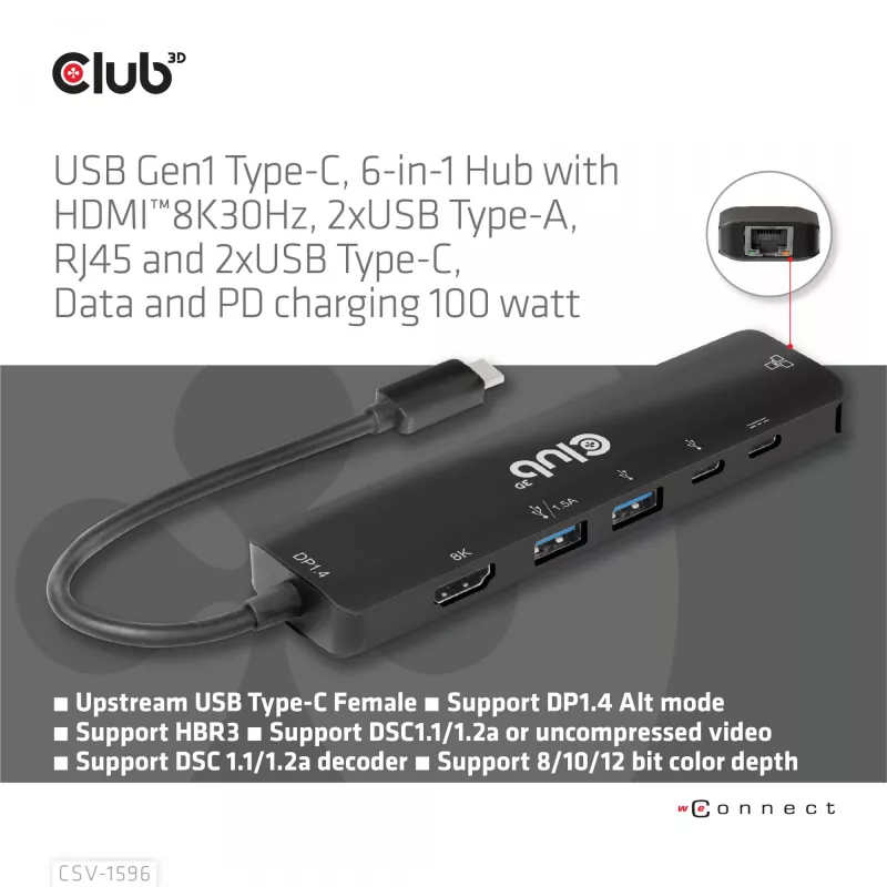 CLUB3D USB Gen1 Type-C, hub 6-in-1 con HDMI 8K30Hz, 2xUSB Type-A, RJ45 e 2xUSB Type-C, dati e ricarica PD 100 Watt