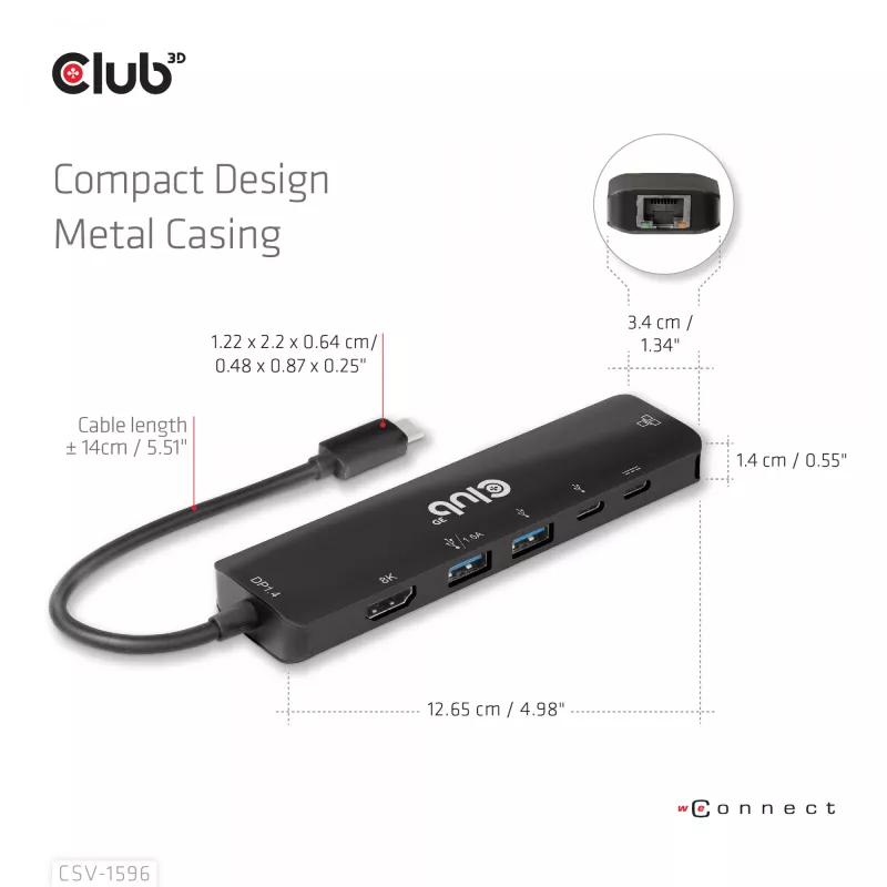 CLUB3D USB Gen1 Type-C, hub 6-in-1 con HDMI 8K30Hz, 2xUSB Type-A, RJ45 e 2xUSB Type-C, dati e ricarica PD 100 Watt