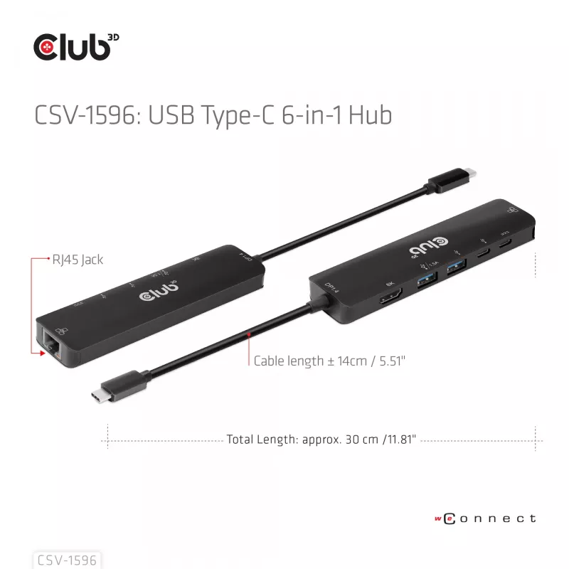 CLUB3D USB Gen1 Type-C, hub 6-in-1 con HDMI 8K30Hz, 2xUSB Type-A, RJ45 e 2xUSB Type-C, dati e ricarica PD 100 Watt