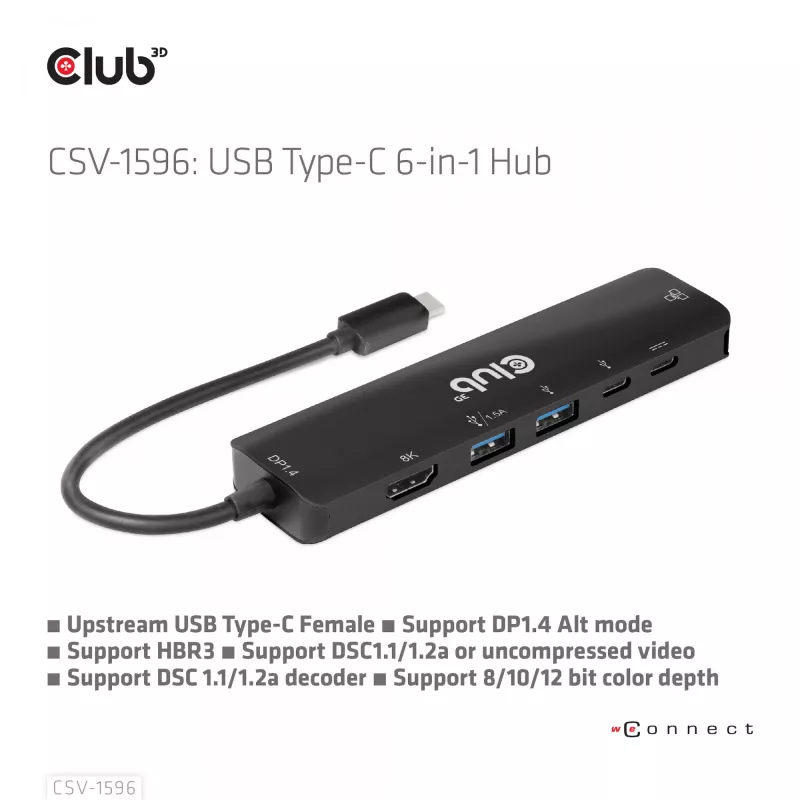 CLUB3D USB Gen1 Type-C, hub 6-in-1 con HDMI 8K30Hz, 2xUSB Type-A, RJ45 e 2xUSB Type-C, dati e ricarica PD 100 Watt