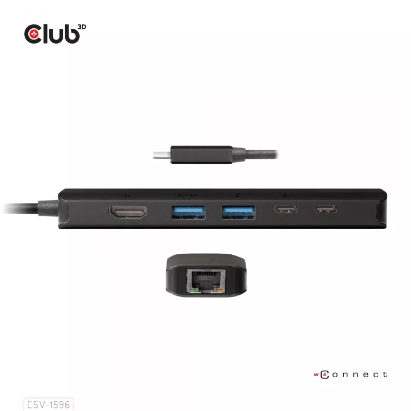 CLUB3D USB Gen1 Type-C, hub 6-in-1 con HDMI 8K30Hz, 2xUSB Type-A, RJ45 e 2xUSB Type-C, dati e ricarica PD 100 Watt