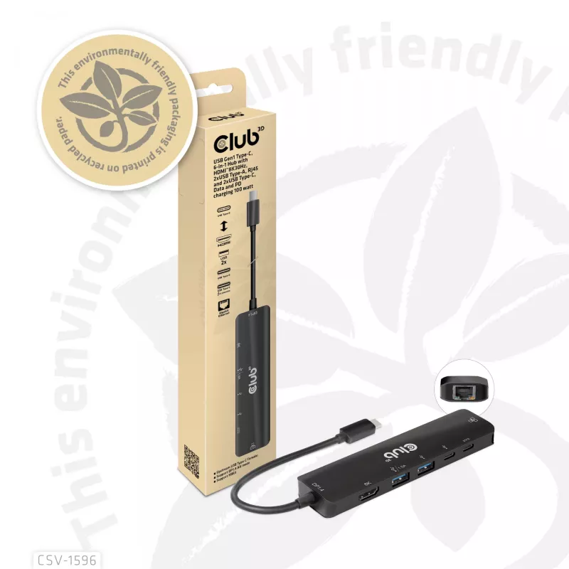 CLUB3D USB Gen1 Type-C, hub 6-in-1 con HDMI 8K30Hz, 2xUSB Type-A, RJ45 e 2xUSB Type-C, dati e ricarica PD 100 Watt