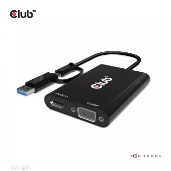 CLUB3D USB Gen1 Type-C/-A a Dual HDMI (4K/30Hz) / VGA (1080/60Hz)