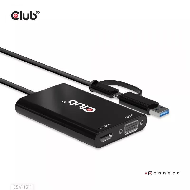 CLUB3D USB Gen1 Type-C/-A a Dual HDMI (4K/30Hz) / VGA (1080/60Hz)