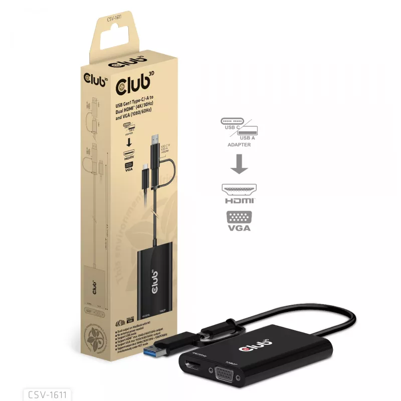 CLUB3D USB Gen1 Type-C/-A a Dual HDMI (4K/30Hz) / VGA (1080/60Hz)