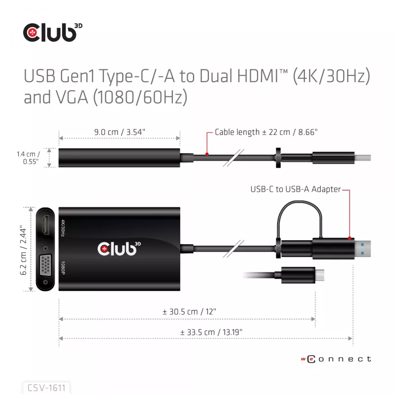 CLUB3D USB Gen1 Type-C/-A a Dual HDMI (4K/30Hz) / VGA (1080/60Hz)