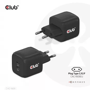 CLUB3D Caricabatterie da viaggio PPS 45W tecnologia GAN, doppia porta USB Type-C, supporto Power Delivery (PD) 3.0