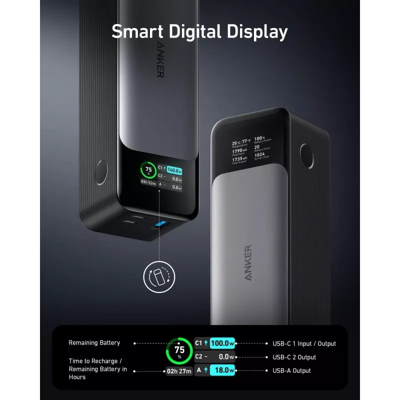 Caricabatterie portatile Anker 737 (A1289011) – 24000 mAh, 140 W, 2× USB-C + 1× USB-A, argento/nero
