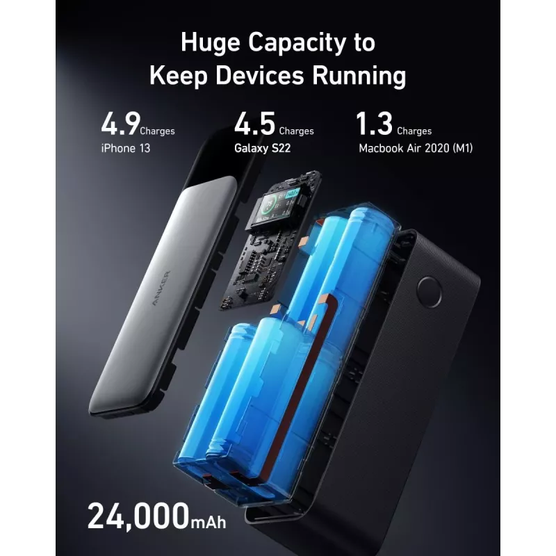 Caricabatterie portatile Anker 737 (A1289011) – 24000 mAh, 140 W, 2× USB-C + 1× USB-A, argento/nero