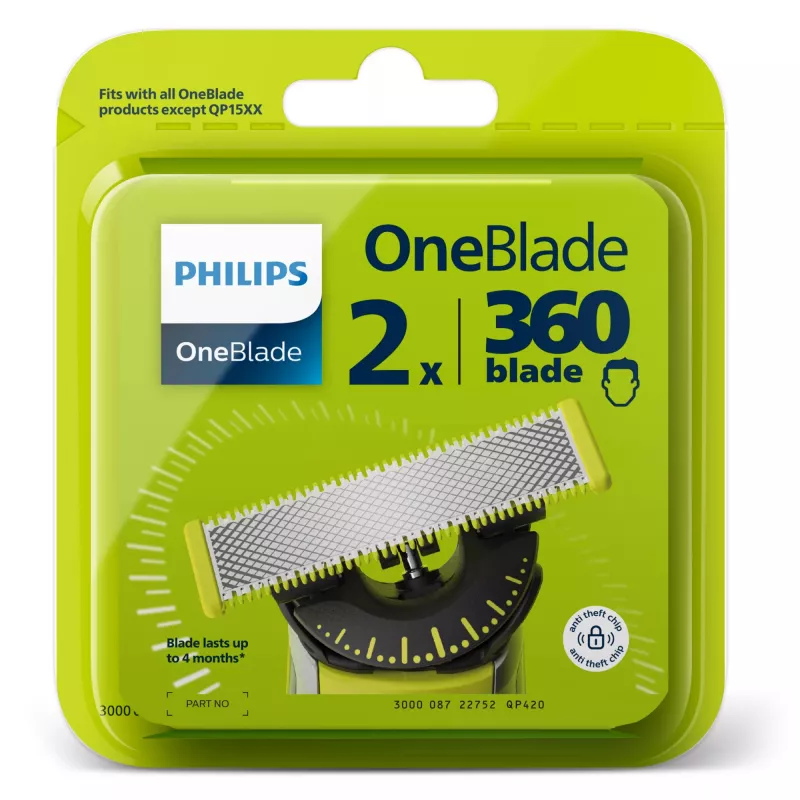 Testina di ricambio Philips Norelco OneBlade QP420/50, argento, 2 testine di ricambio, compatibile con Philips OneBlade
