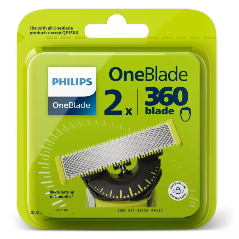 Testina di ricambio Philips Norelco OneBlade QP420/50, argento, 2 testine di ricambio, compatibile con Philips OneBlade