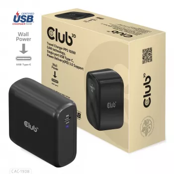 Caricabatterie da viaggio CLUB3D 100 Watt tecnologia GaN, certificato USB-IF TID, singola porta USB Type-C, supporto Power Delivery(PD) 3.0