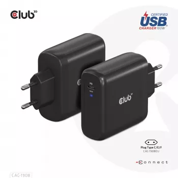 Caricabatterie da viaggio CLUB3D 100 Watt tecnologia GaN, certificato USB-IF TID, singola porta USB Type-C, supporto Power Delivery(PD) 3.0