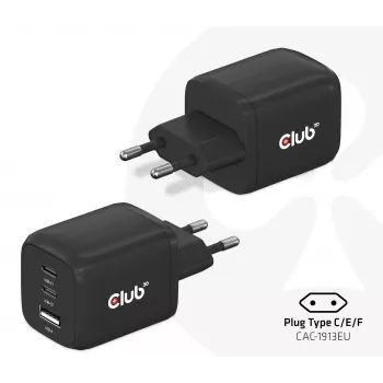 CLUB3D caricabatterie da viaggio PPS 65Watt tecnologia GAN, tripla porta (2x USB Type-C + USB Type-A) supporto Power Delivery (PD) 3.0