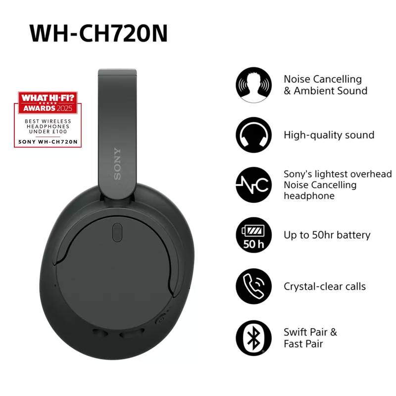 Sony WH-CH720N Cuffie wireless con cancellazione del rumore, nero (WHCH720NB.CE7)