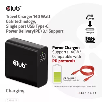 CLUB3D caricabatterie da viaggio 140 Watt tecnologia GaN, porta singola USB Type-C, supporto Power Delivery (PD) 3.1