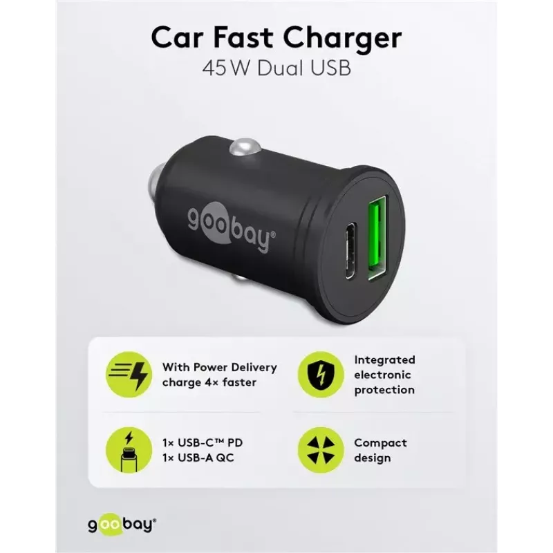 Goobay caricabatterie rapido auto dual-USB USB-C PD 45W nero