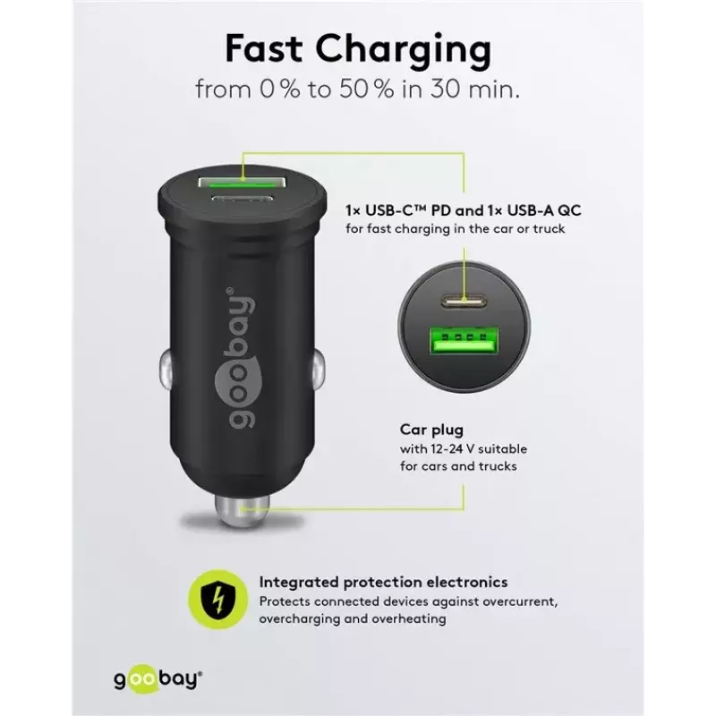 Goobay caricabatterie rapido auto dual-USB USB-C PD 45W nero