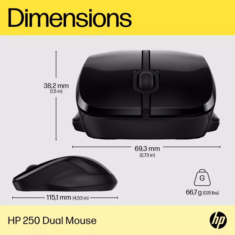 HP 250 Dual Mouse, ambidestro, Bluetooth + USB Type-A, 1600 DPI, Nero
