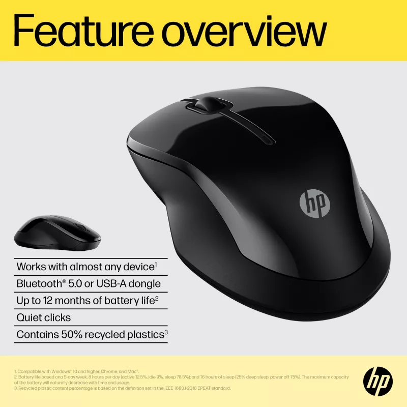 HP 250 Dual Mouse, ambidestro, Bluetooth + USB Type-A, 1600 DPI, Nero