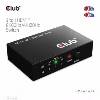 CLUB3D switch 3 a 1 HDMI™ 8K60Hz/4K120Hz, 7680 x 4320 pixel, 8K Ultra HD, nero