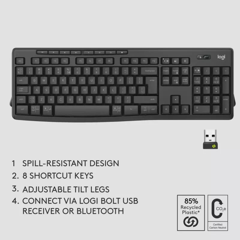 Set tastiera e mouse Logitech MK370 Combo for Business — Full-Size QWERTY (US International), RF Wireless + Bluetooth, Grafite