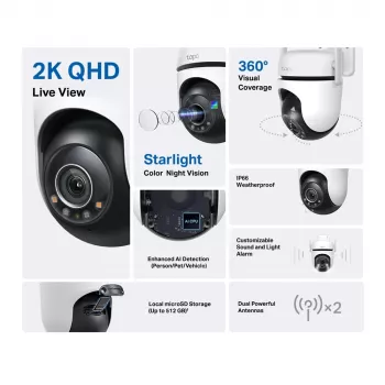 TP-Link Tapo telecamera di sicurezza Wi-Fi outdoor Pan/Tilt, telecamera di sicurezza IP, interno ed esterno, wireless, CE, FCC, RoHS, RCM, soffitto, nero, bianco